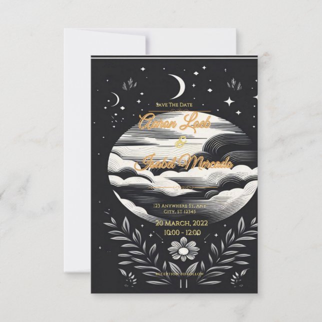 wedding card black and white moon stars (Front)