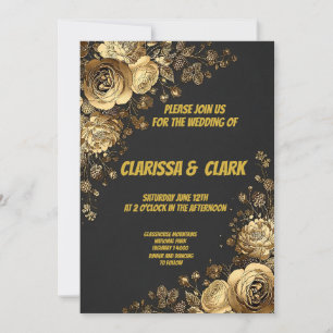 Wedding card decorated with golden flowers on a bl