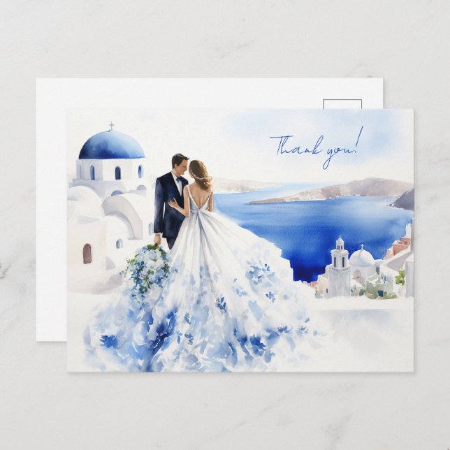 Wedding card with watercolor painting of Santorini (Front/Back)