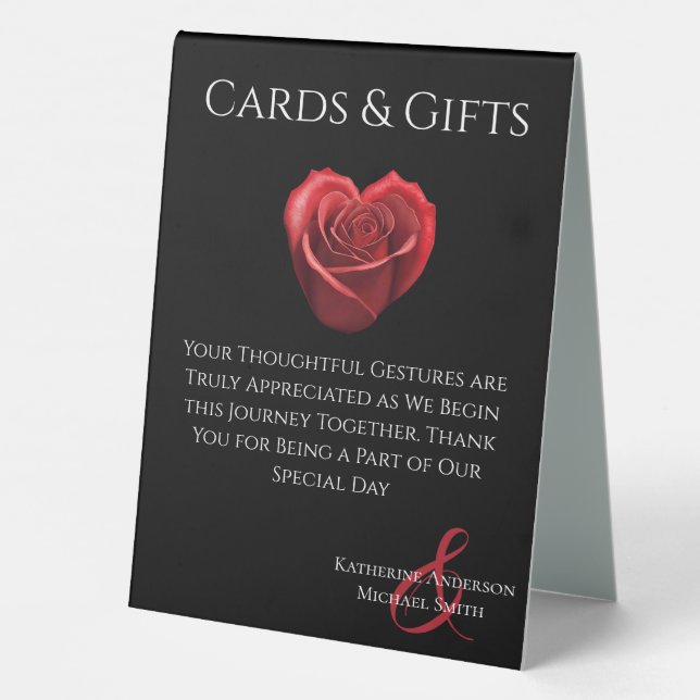 Wedding Cards & Gifts Sign-Heart Shaped Red Rose- Table Tent (Back)