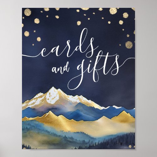 Wedding Cards gifts Watercolor Blue Gold Mountains Poster