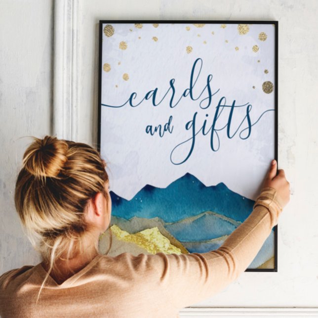 Wedding Cards gifts Watercolor Blue Gold Mountains Poster (Creator Uploaded)