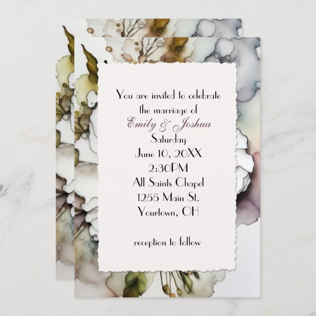 Wedding Carnation Alcohol Ink Abstract Invitation (Front/Back)