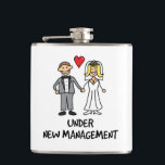 Wedding Cartoon - Under New Management Flask<br><div class="desc">A cute cartoon of a newlywed couple captioned 'under new management'. Is it the bride or groom that wears the trousers in the marriage? Great for a wedding gift.</div>