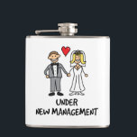 Wedding Cartoon - Under New Management Flask<br><div class="desc">A cute cartoon of a newlywed couple captioned 'under new management'. Is it the bride or groom that wears the trousers in the marriage? Great for a wedding gift.</div>