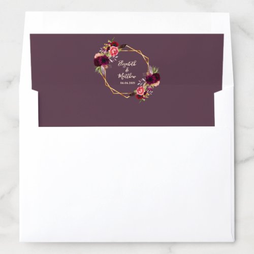 Wedding cassis burgundy florals geometric gold envelope liner