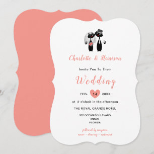 Wedding Cats Elegant Black White Coral Cute Invitation