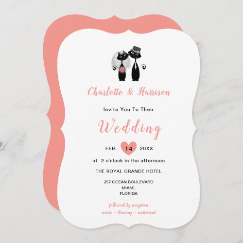 Wedding Cats Elegant Black White Coral Cute Invitation