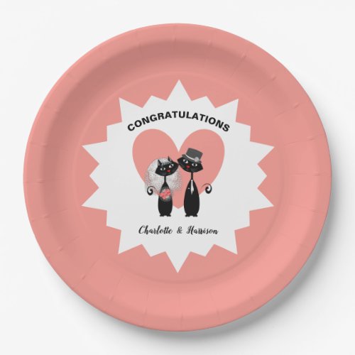 Wedding Cats Elegant Black White Coral Cute Paper Plates