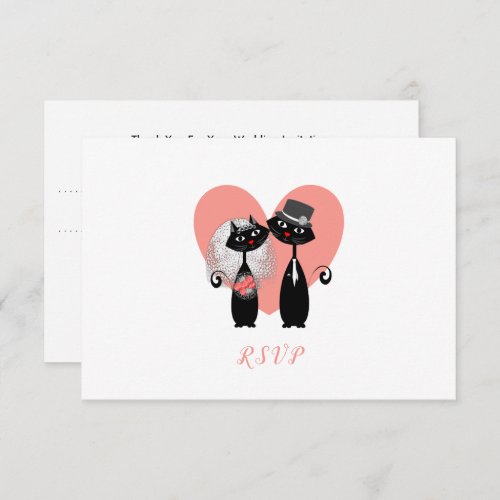 Wedding Cats Elegant Black White Coral Cute RSVP Card