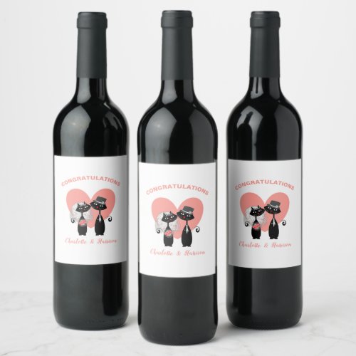 Wedding Cats Elegant Black White Coral Cute Wine Label