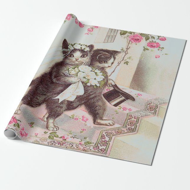 Wedding Cats Light Blue Wrapping Paper (Unrolled)