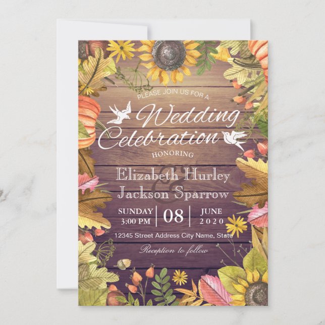 Wedding Celebration Autumn Maple Leaf Pumpkin Wood Invitation (Front)
