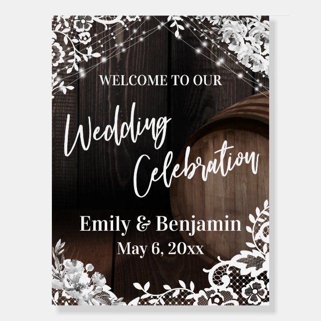 Wedding Celebration Barrel, Lights, Lace & Flowers Foam Board (Front)