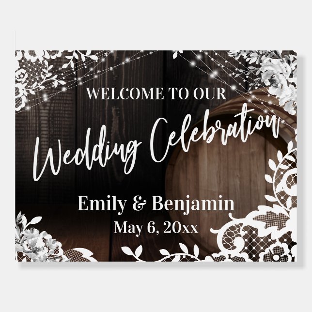 Wedding Celebration Barrel, Lights, Lace & Flowers Foam Board (Front)