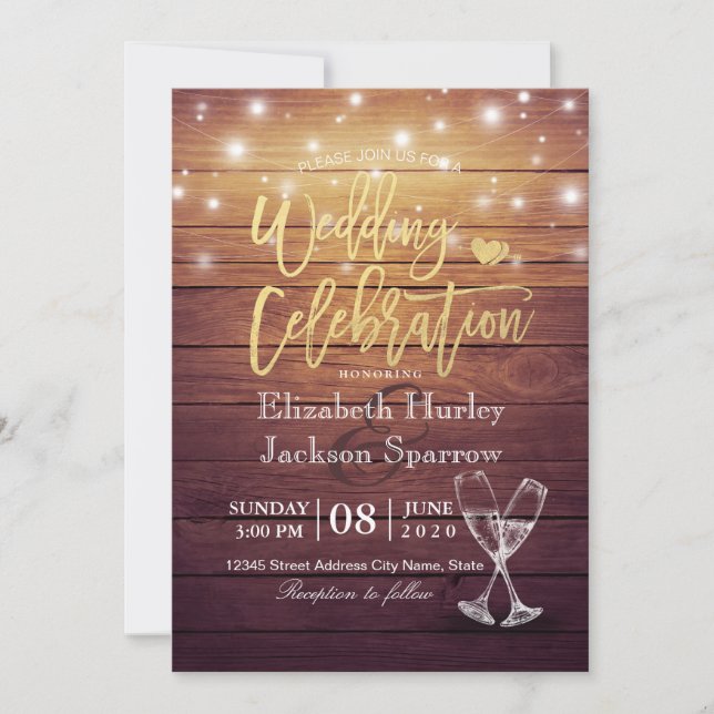 Wedding Celebration Champagne Glasses Wood Lights Invitation (Front)