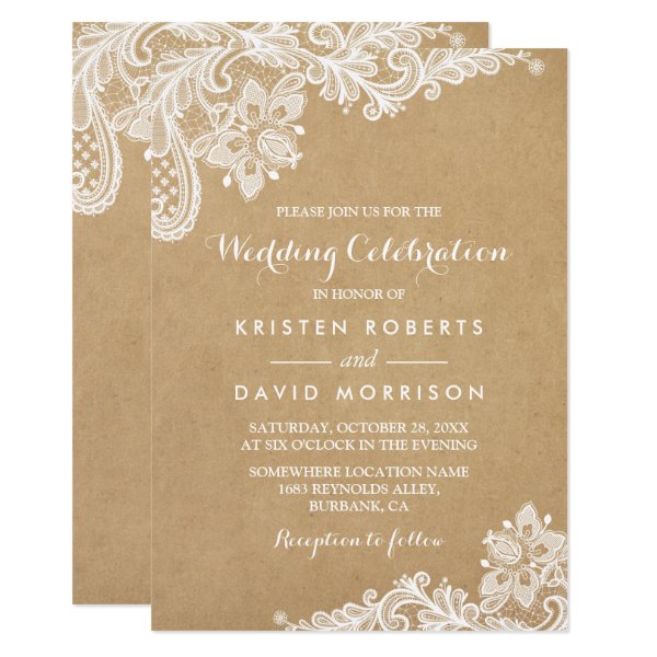 256487437475423529 Wedding Celebration Classy Floral Lace Kraft Invitation