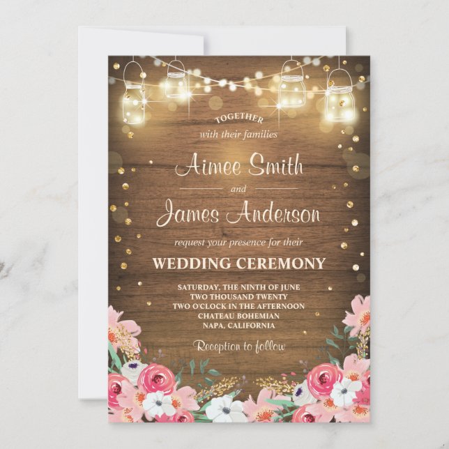 Wedding Celebration Invitation Floral Rustic Wood (Front)