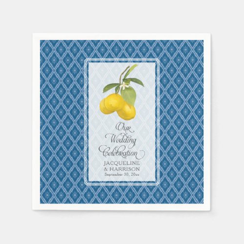 Wedding Celebration Navy Blue White Lemon Citrus Napkins