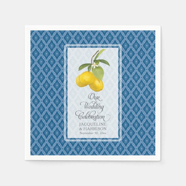 Wedding Celebration Navy Blue White Lemon Citrus Napkins (Front)