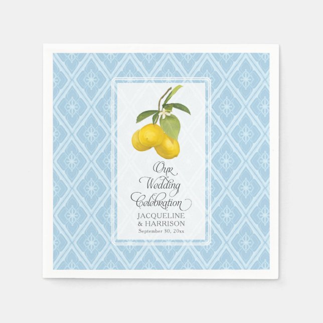 Wedding Celebration Navy Blue White Lemon Citrus Paper Napkins (Front)