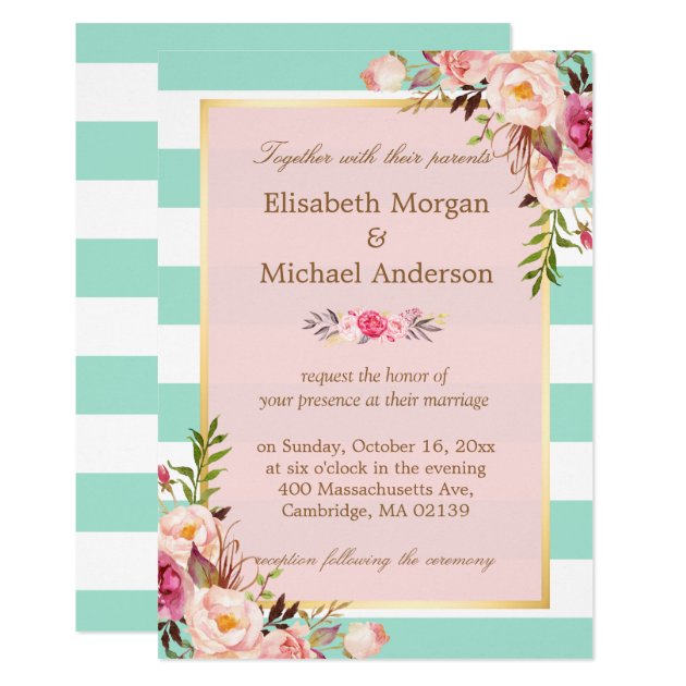 Wedding Celebration Pink Floral Mint Green Stripes Invitation
