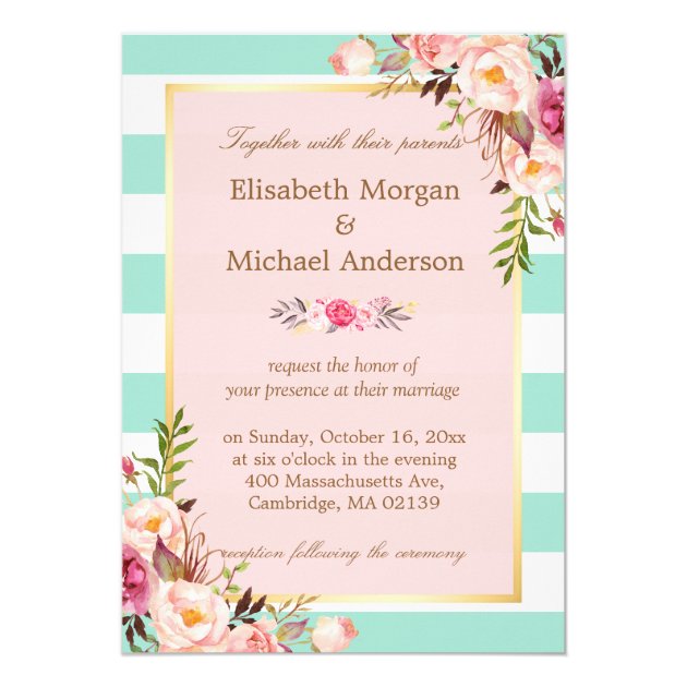 Wedding Celebration Pink Floral Mint Green Stripes Invitation