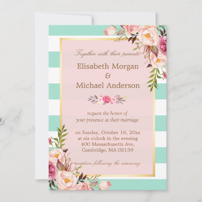 Wedding Celebration Pink Floral Mint Green Stripes Invitation (Front)