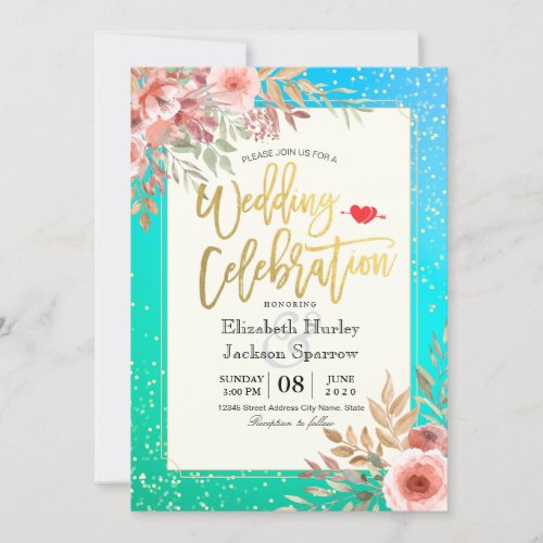 Wedding Celebration Pink Floral Teal Gold Confetti Invitation