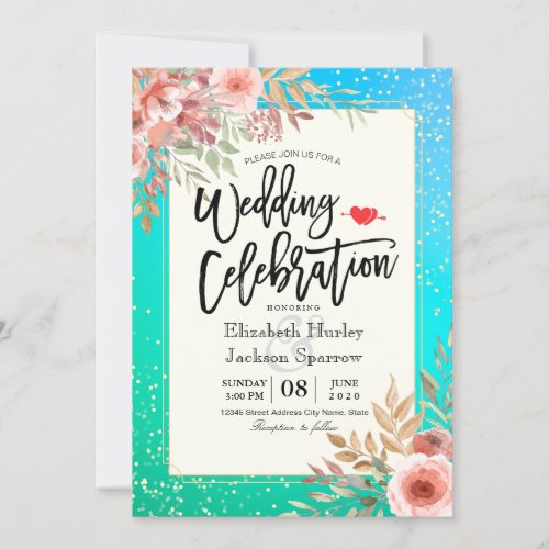 Wedding Celebration Pink Floral Teal Gold Confetti Invitation
