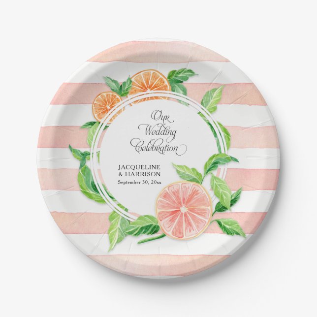 Wedding Celebration Pink Striped Citrus Orange Art Paper Plates (Front)