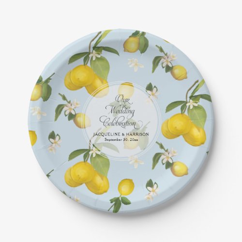 Wedding Celebration Royal Blue Lemon Flower Citrus Paper Plates