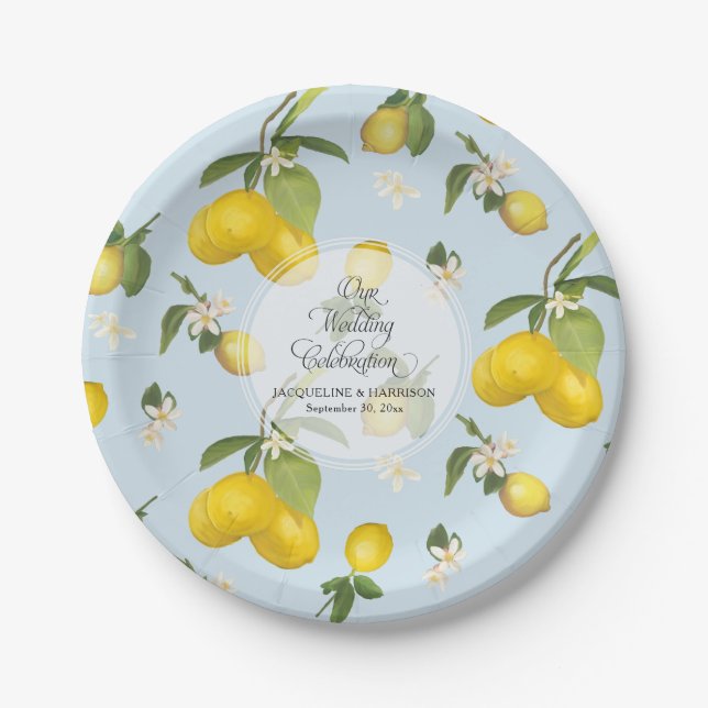 Wedding Celebration Royal Blue Lemon Flower Citrus Paper Plates (Front)