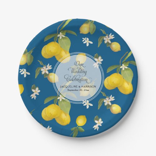 Wedding Celebration Royal Blue Lemon Flower Citrus Paper Plates