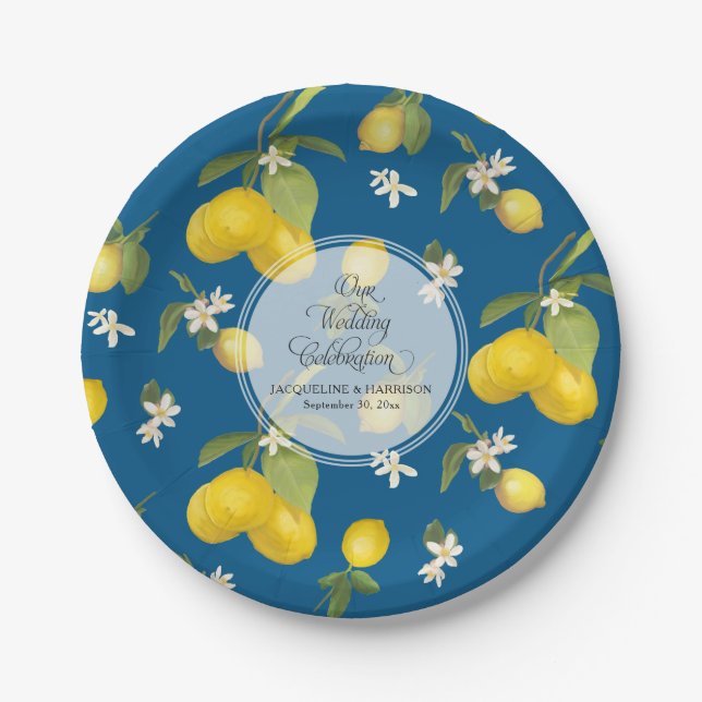 Wedding Celebration Royal Blue Lemon Flower Citrus Paper Plates (Front)