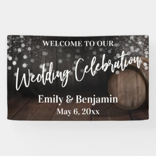 Wedding Celebration Rustic Wood Barrel and Lights Banner