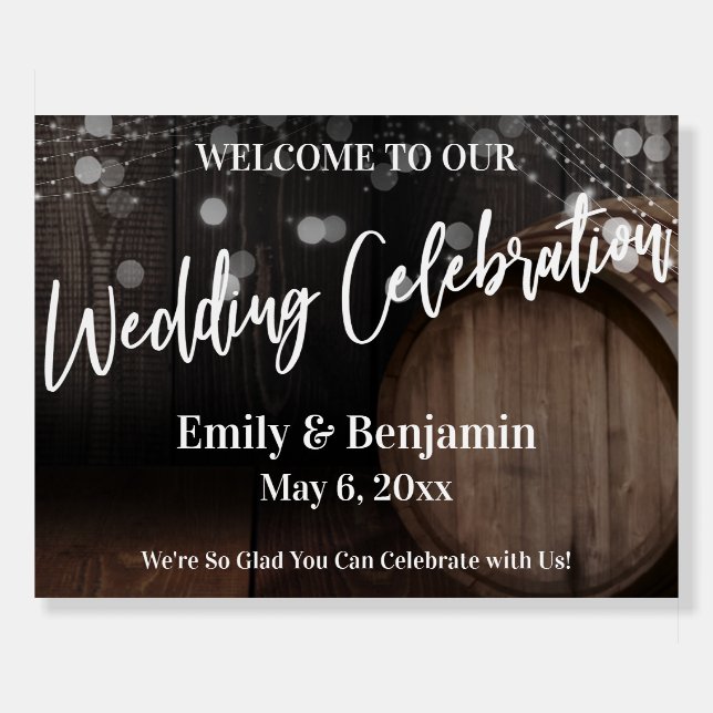 Wedding Celebration Rustic Wood Barrel and Lights Foam Board (Front)