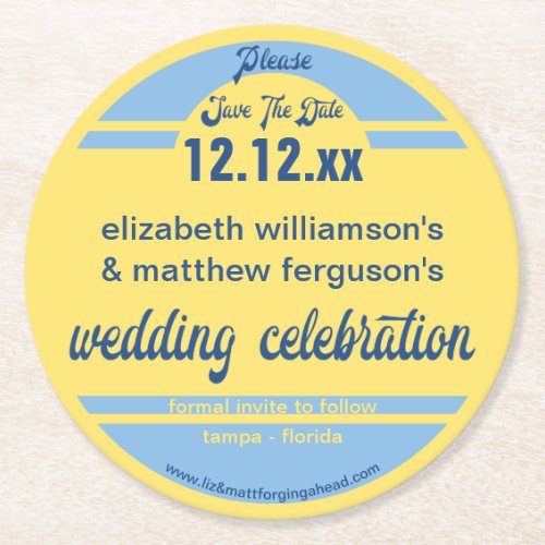 Wedding Celebration Save The Date Blues and Yellow Round Paper Coaster
