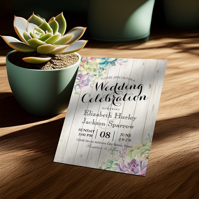Wedding Celebration Succulent Plants Rustic Wood Invitation (Creator Uploaded)