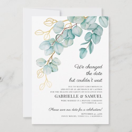 Wedding Celebration Teal and Gold Eucalyptus Announcement