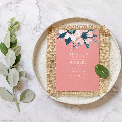 Wedding Celebration  Teal  Pink Floral Invitation