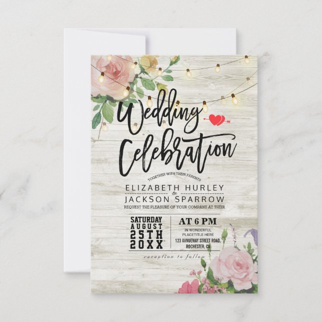 Wedding Celebration White Wood Floral String Light Invitation (Front)