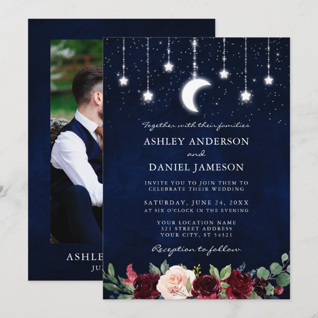 Wedding Celestial Moon Stars Lights Floral Photo Invitation (Front/Back)