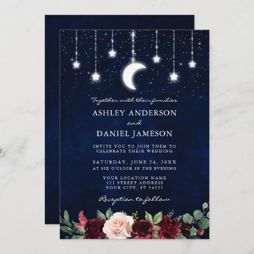 Wedding Celestial Moon Stars Lights Floral Photo Invitation