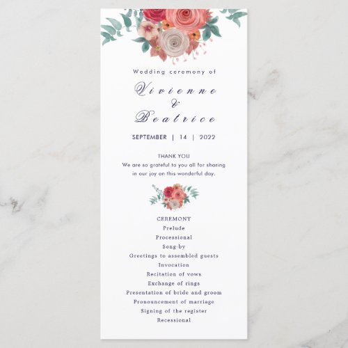 Wedding ceremony boho red pink rose floral bouquet program