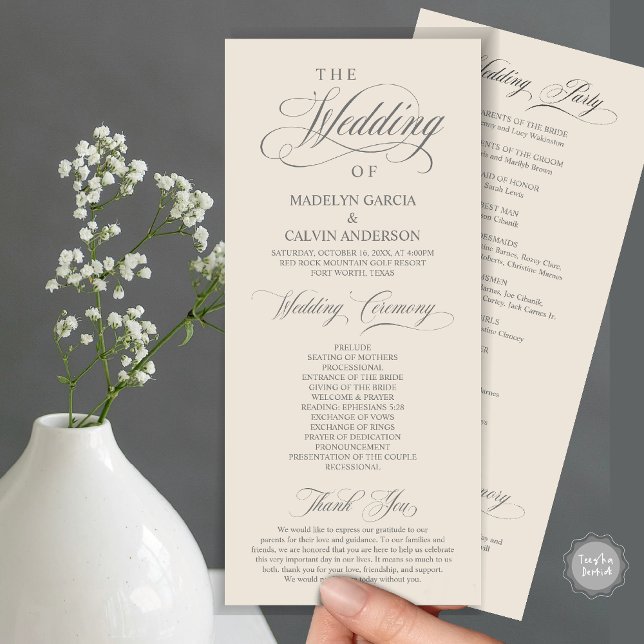 Wedding Ceremony, Classy Elegance Cream and Grey Program (Wedding Ceremony Program Card, in Modern Classy Elegant Design, in Cream and Grey)