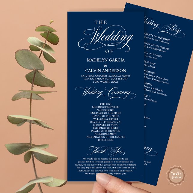 Wedding Ceremony, Classy Elegance Navy Blue, Program (Wedding Ceremony Program Card, in Modern Classy Elegant Design, in Navy Blue)