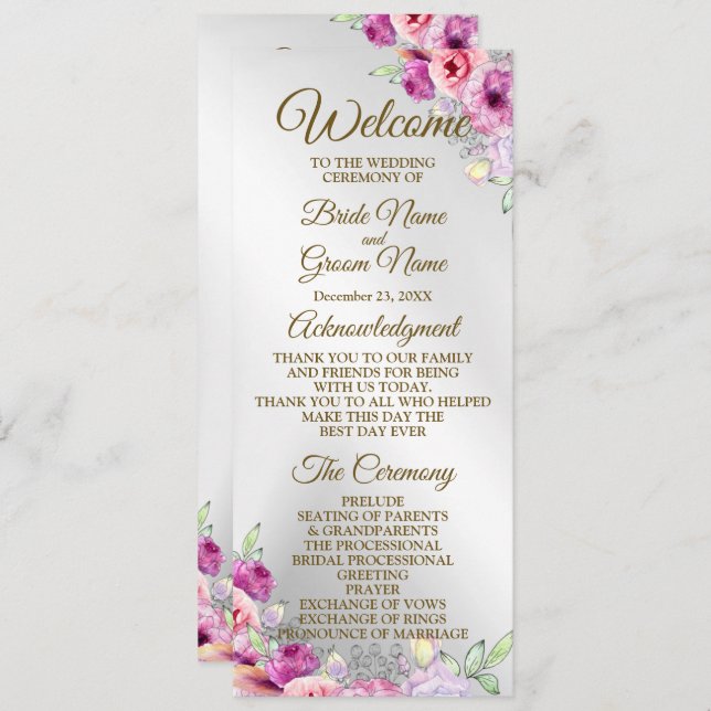 Wedding Ceremony Colorful Pink Floral Golden Program (Front/Back)