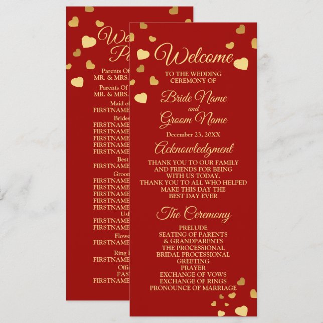 Wedding Ceremony Golden Birds Hearts Red Shiny Program (Front/Back)