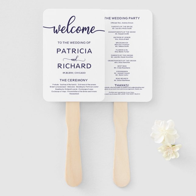 Wedding Ceremony Order of Service Chic Navy Blue Hand Fan (Front and Back)